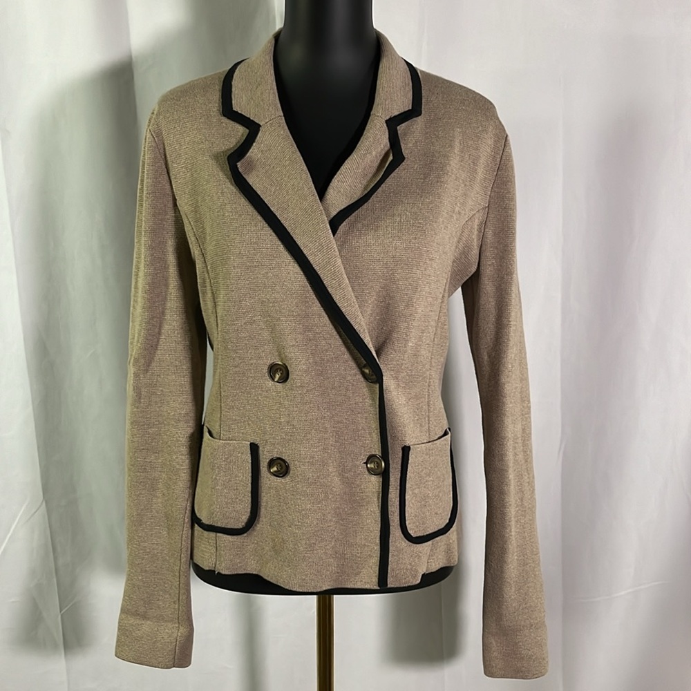 LOFT Tan & Black Button Front Knit Sweater Blazer